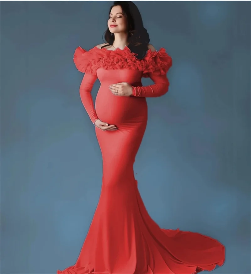 Light blue maternity prom dress by Showlu Fashion with off-shoulder design, full sleeves, ruffles, and elegant evening gown style.