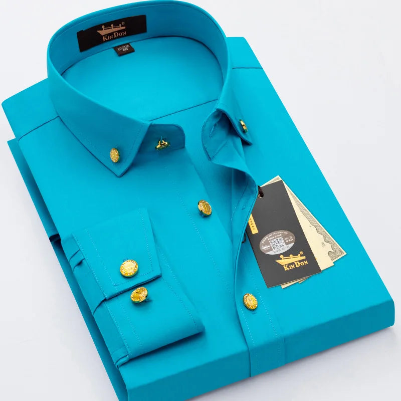 Men's luxury brass button long sleeve business casual shirt from Showlu Fashion Store, ironing resistant office work shirt.