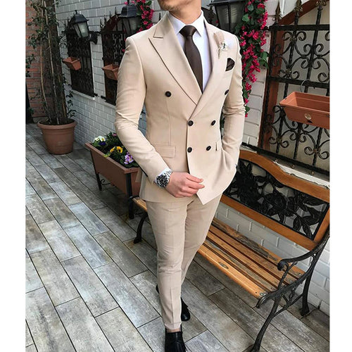 Beige men's 2024 suit set with blazer and pants, double-breasted, slim fit, notch lapel, ideal for wedding or formal occasions.