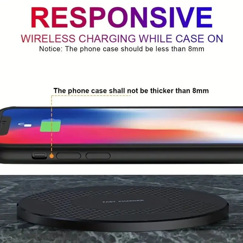 Wireless charging pad by Showlu Smart General with sleek design, compatible with smartphones for easy wireless charging.