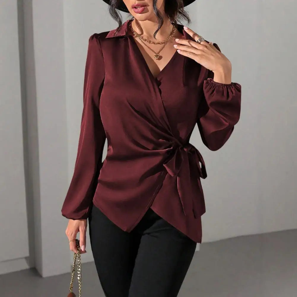 Elegant Showlu Women's long sleeve waist blouse with side lace-up detail, stylish and sophisticated for women.