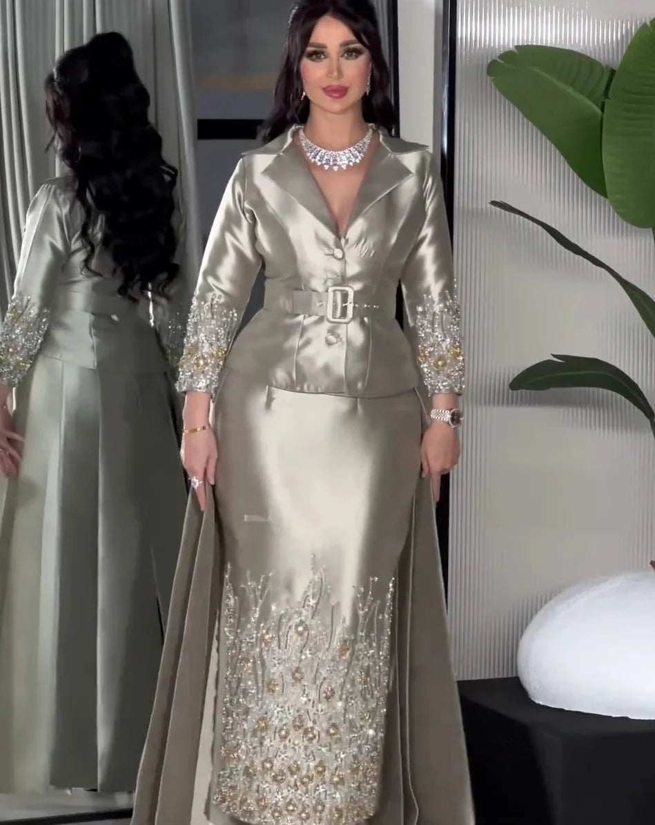 Silver grey sheath prom dress with beaded V-neck, elegant evening gown by SHOWLU FASHION STORE, shown on a model.