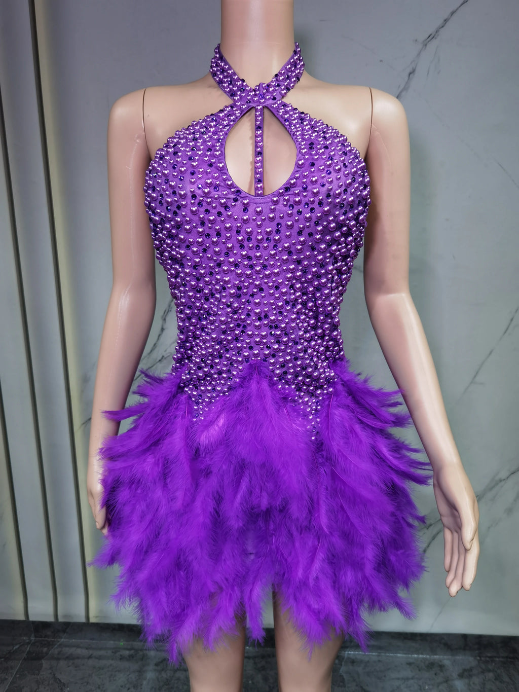 Sexy Latin dance dress with airy hollow design and feather skirt, hanging neck style by Showlu Fashion Store