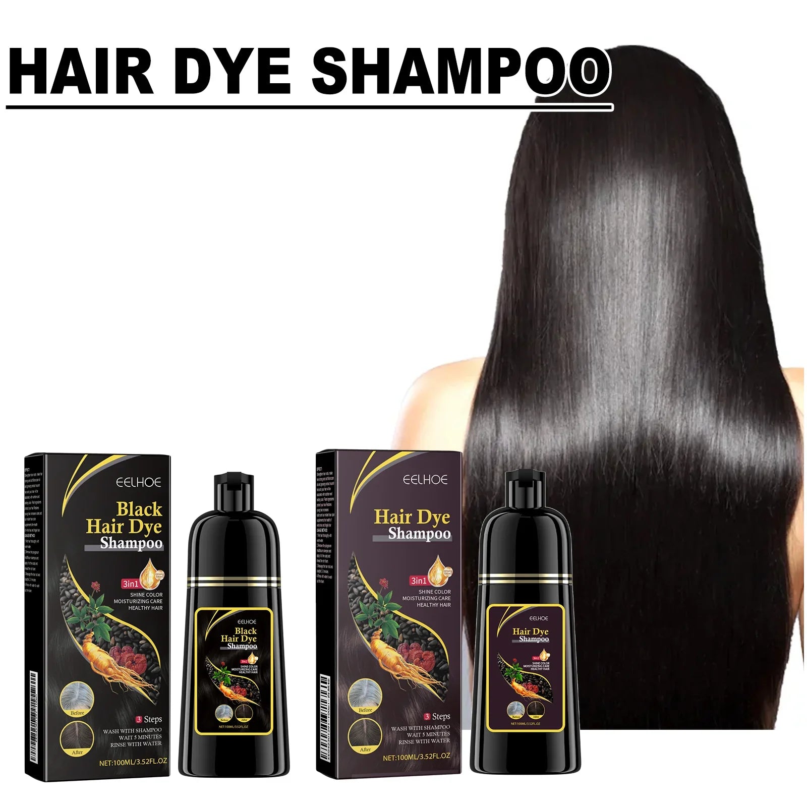 EELHOE 3-in-1 natural plant hair dye shampoo for grey coverage in 100ml bottle, showcasing the shampoo bottle with botanical ingredients