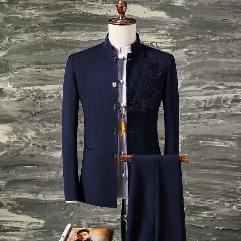 Men's slim fit 2-piece suit by Showlu Fashion with embroidered stand collar blazer and matching pants, stylish formal wear.