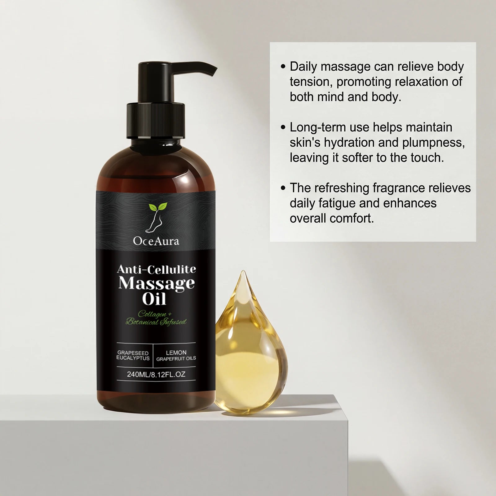 OceAura Collagen Firming Body Oil by Showlu Fashion Store, showing a sleek bottle of hydrating and smoothing massage oil.