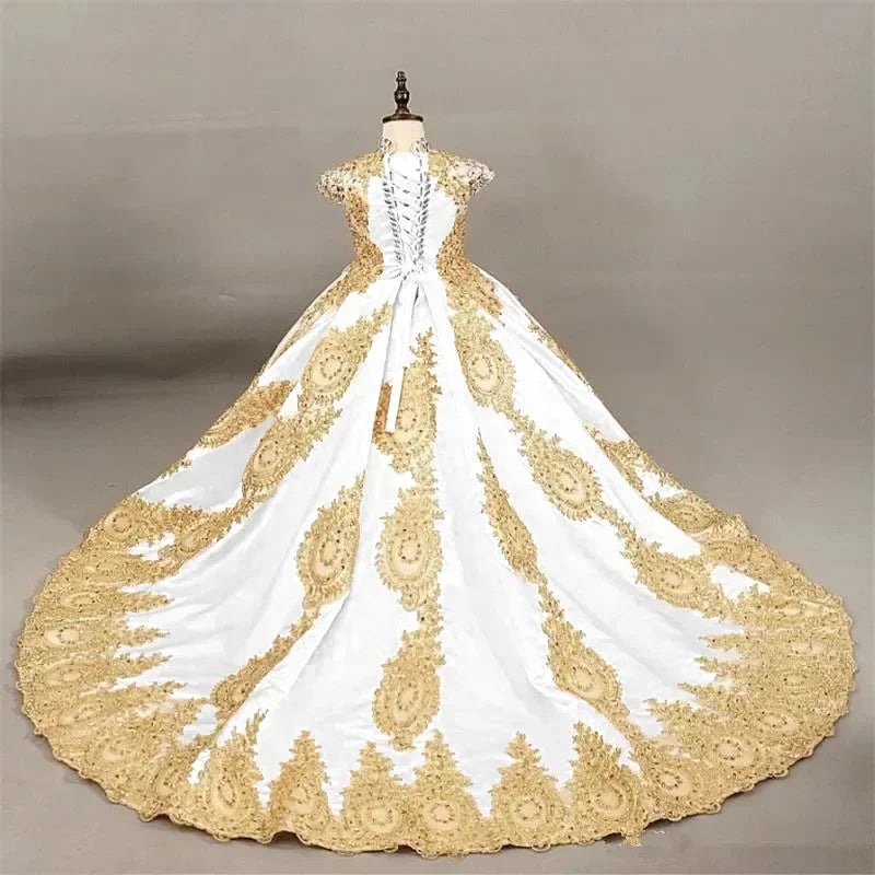 Showlu Fashion Girls' sleeveless ball gown with gold lace embroidery and long train, elegant princess dress for special occasions.
