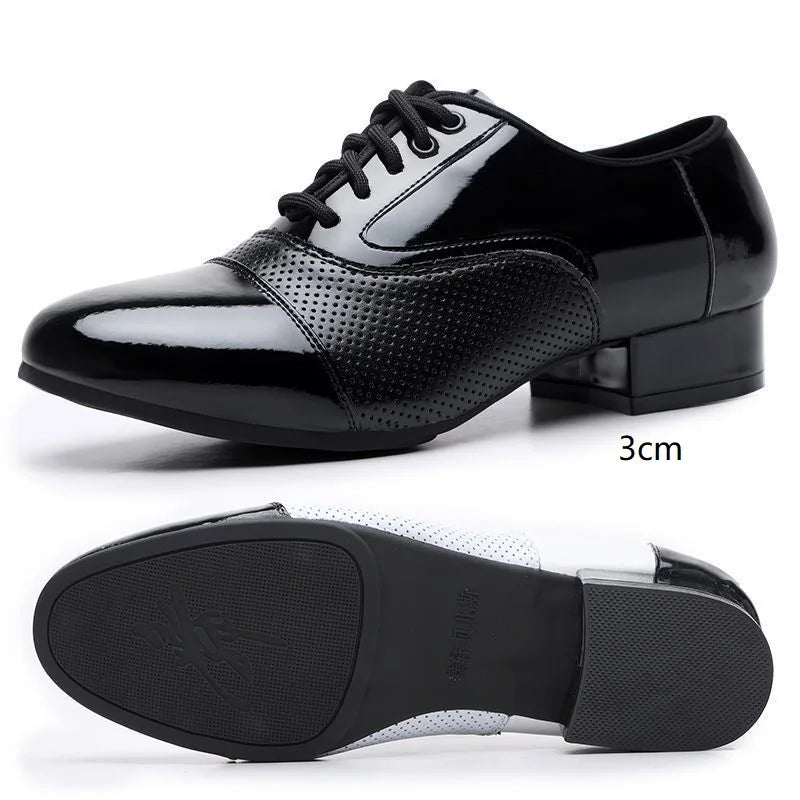 Men's modern dance shoes by Showlu Fashion, soft leather, breathable, suitable for Latin, jazz, and formal dance styles.