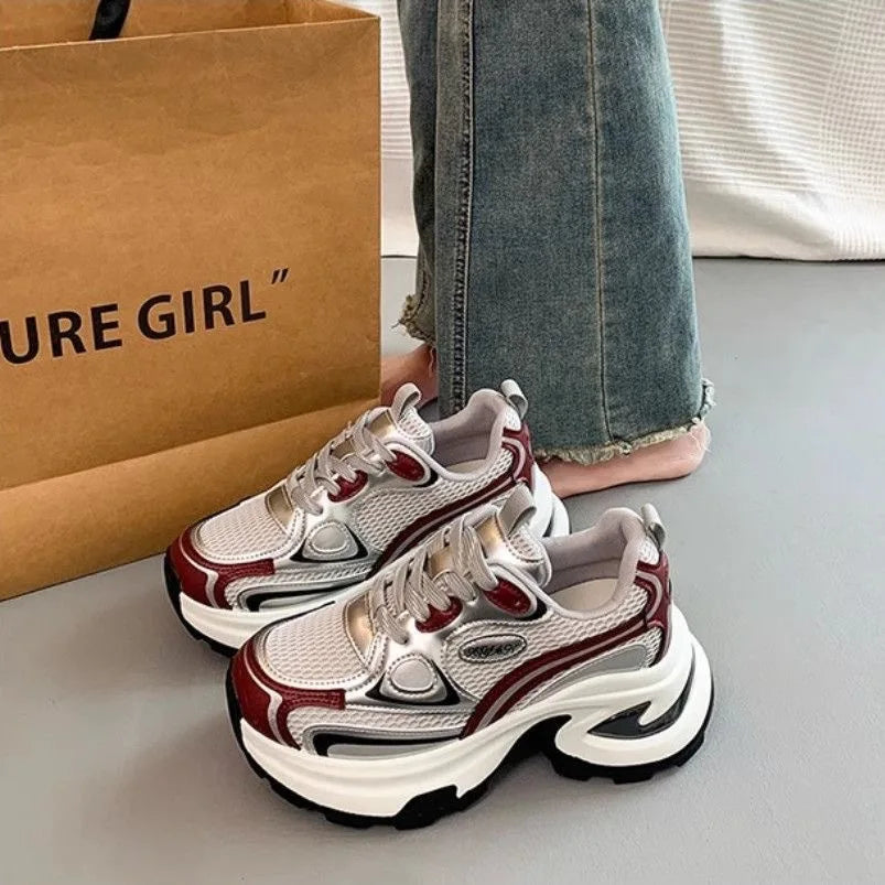Showlu Fashion women's chunky sneakers with breathable mesh, lightweight outdoor casual sports shoes, non-slip vulcanized sole.
