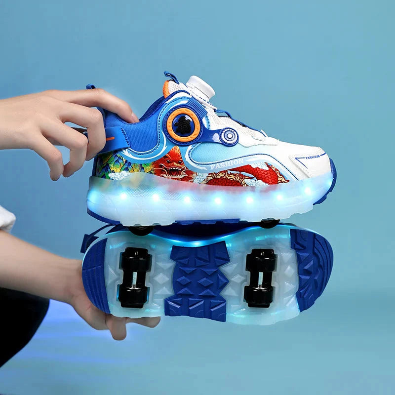 Luminous LED roller skate shoes for kids by SHOWLU FASHION STORE with USB charging, featuring bright lights and sporty design.
