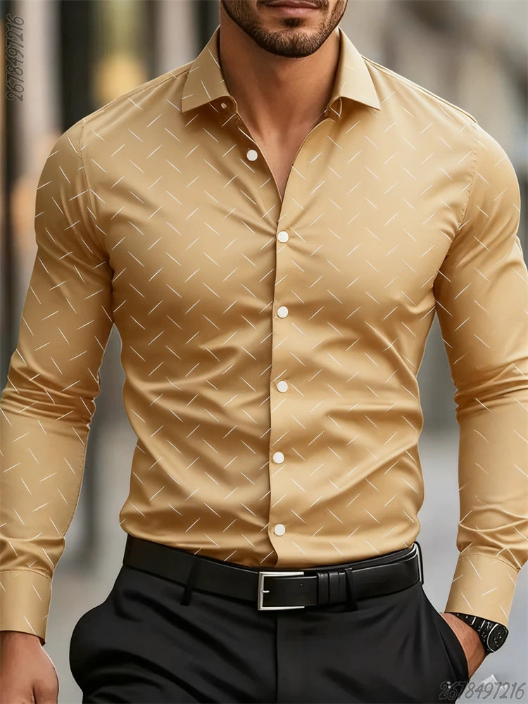 Men's long-sleeved geometric pattern shirt in 17 colors, stylish business casual non-iron top from Showlu Fashion Store