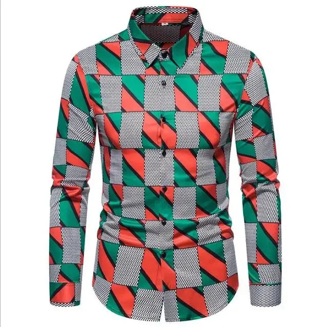 Men's retro plaid long sleeve shirt by Showlu Fashion featuring casual floral design and classic style.