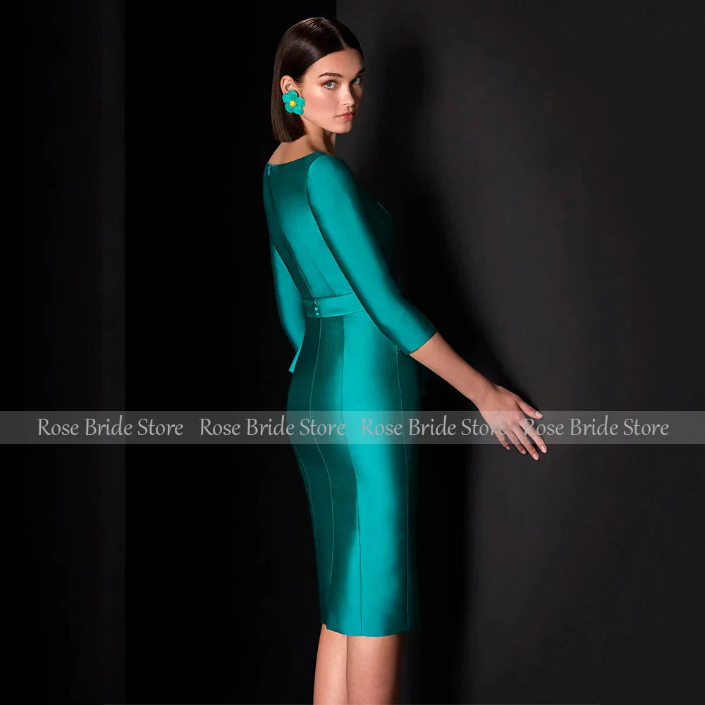 Turquoise satin V-neck cocktail dress with ruffles, stylish wedding guest gown by SHOWLU FASHION STORE, elegant and fashionable.