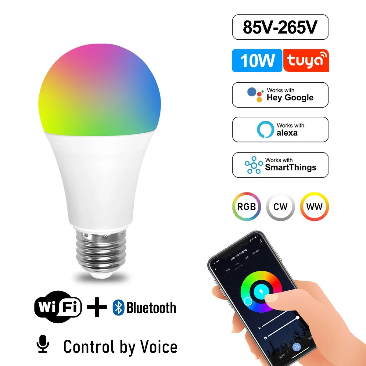 Showlu Smart General WiFi LED spotlight bulb with adjustable color, shown illuminated in a modern lighting setup.
