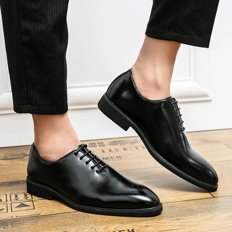 Men's black brogue shoes with red soles, lace-up formal business shoes by Showlu Fashion Store, detailed leather design