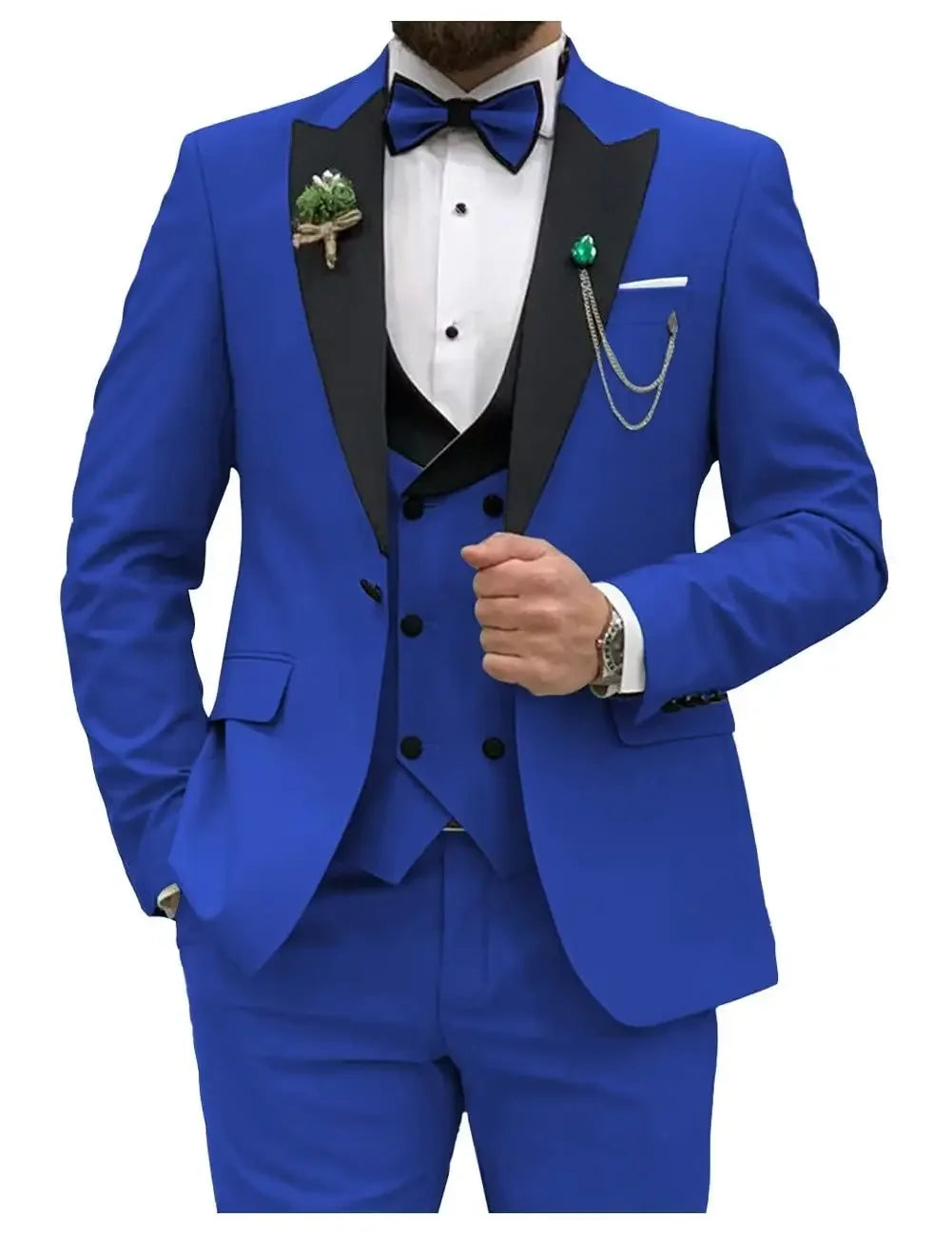 Royal blue men's 3-piece slim fit suit by Showlu Fashion with double-breasted jacket, trousers, and vest, tailored for formal occasions.