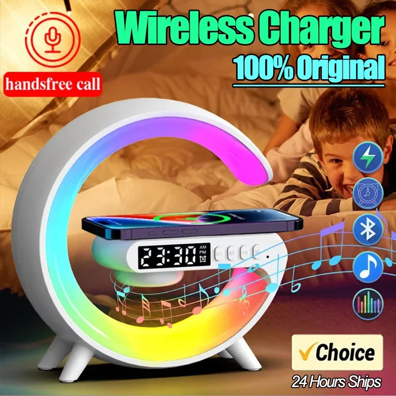 Showlu 15W fast wireless charging pad with mini Bluetooth speaker and lamp, compact and versatile for desk or bedside use.
