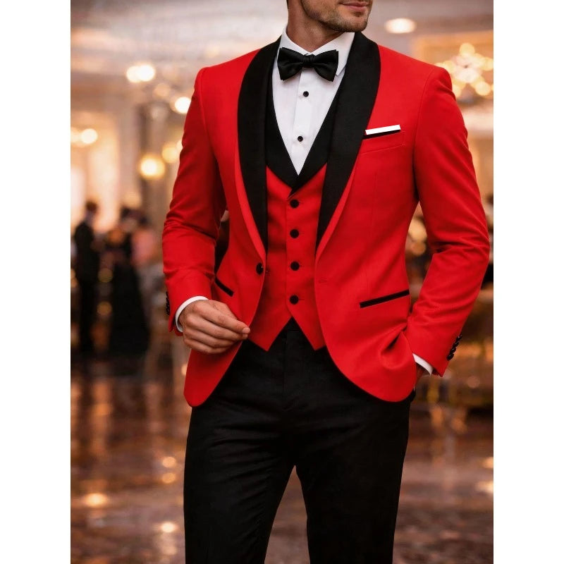 Men's classic black tuxedo suit set by Showlu Smart General with shawl lapel dinner jacket, dress shirt, and matching trousers.