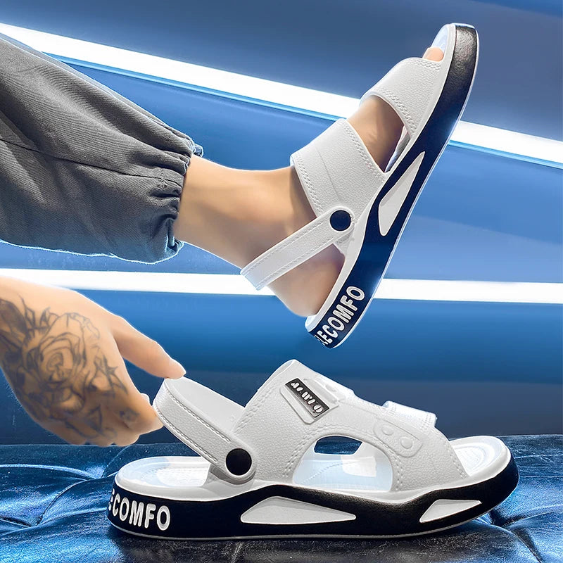Men's summer EVA slippers with open-toe design, thick soles, non-slip outdoor beach sandals for adults.