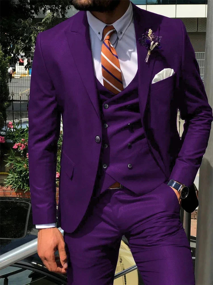 SHOWLU Men's dark blue 3-piece slim fit suit with jacket, vest, and trousers, suitable for wedding or formal occasions.