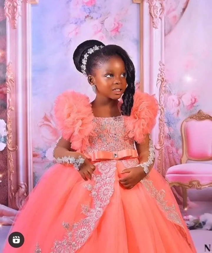 Peach Pink Little Baby Girls Birthday Party Dresses Lace Appliqued Flower Girl Dresses Kids Ball Gown Dress for Photo Shoot