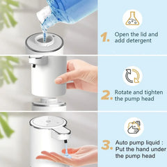 A three-step instructional graphic showing how to fill and use an automatic soap dispenser.