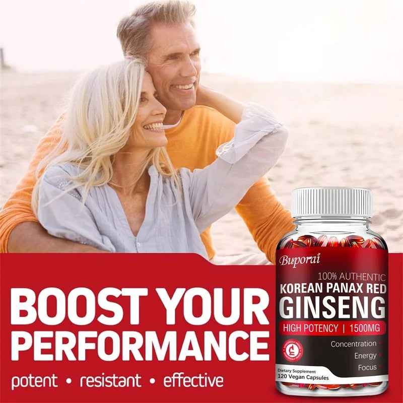 Korean Red Panax Ginseng supplement bottle with label showing energy, endurance, and immune support benefits.