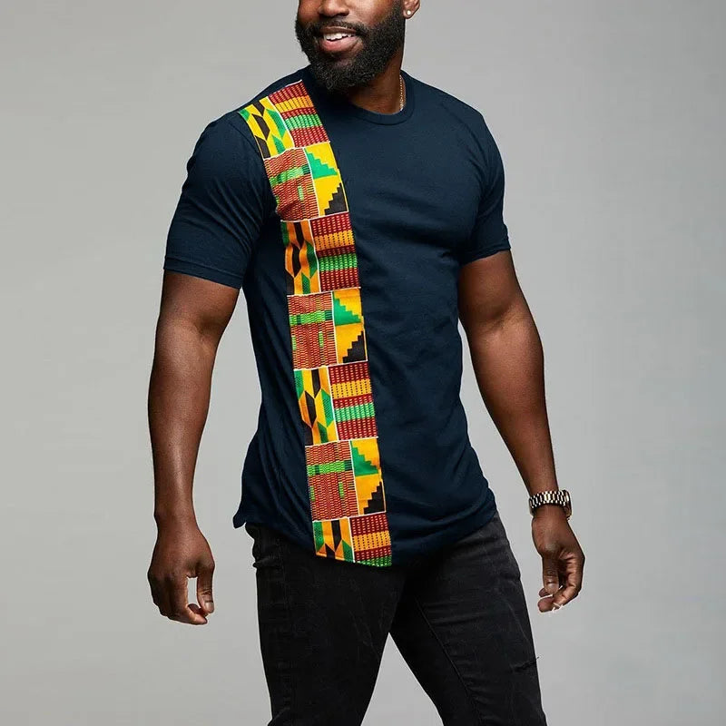 Men's African Kente patchwork T-shirt by SHOWLU FASHION STORE, featuring vibrant Ankara cotton fabric and traditional design.