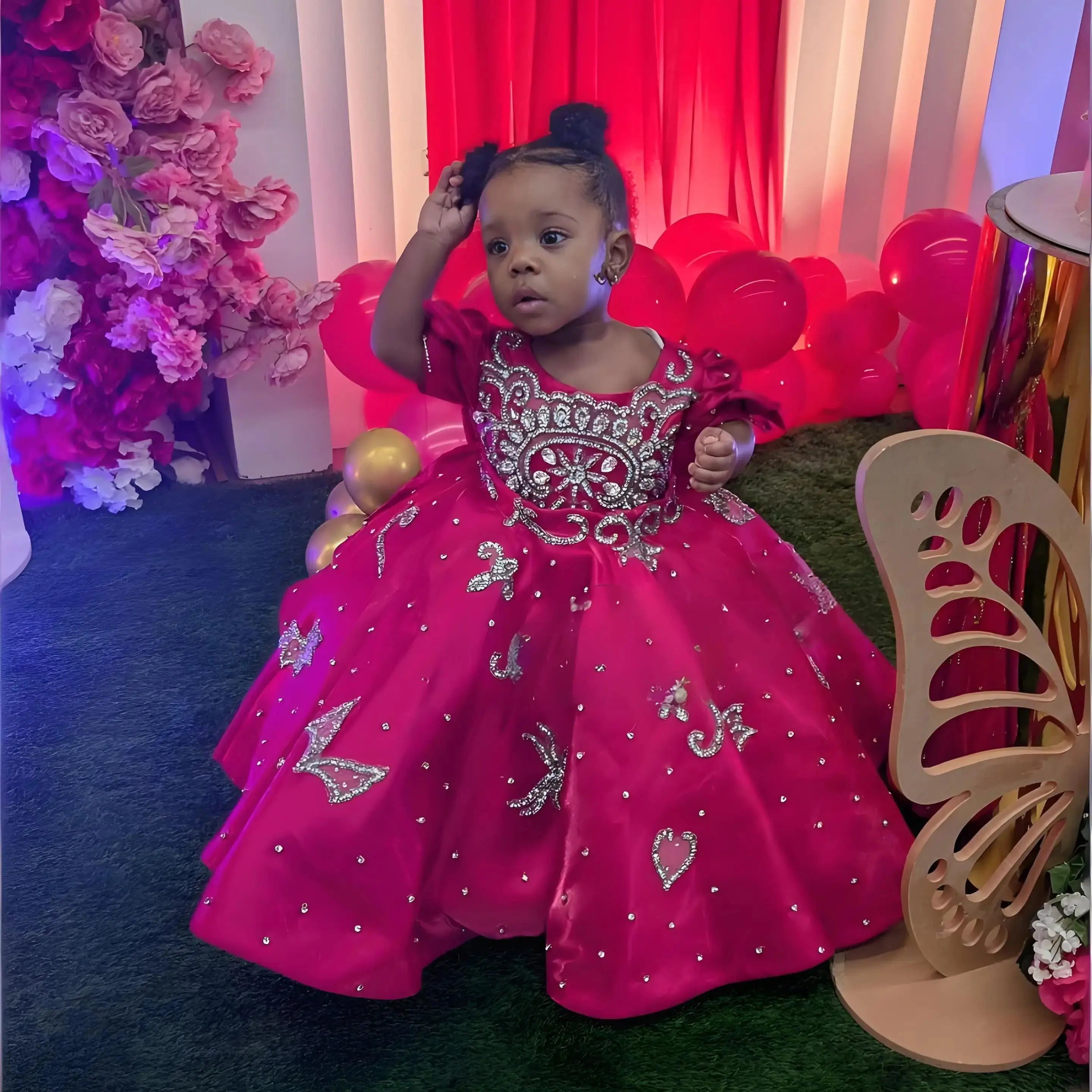 Hot Pink Girl's Birthday Party Dresses Customized Beading Ballgown Flower Girl Dress for wedding Princess Baby Kids Pageant Gown