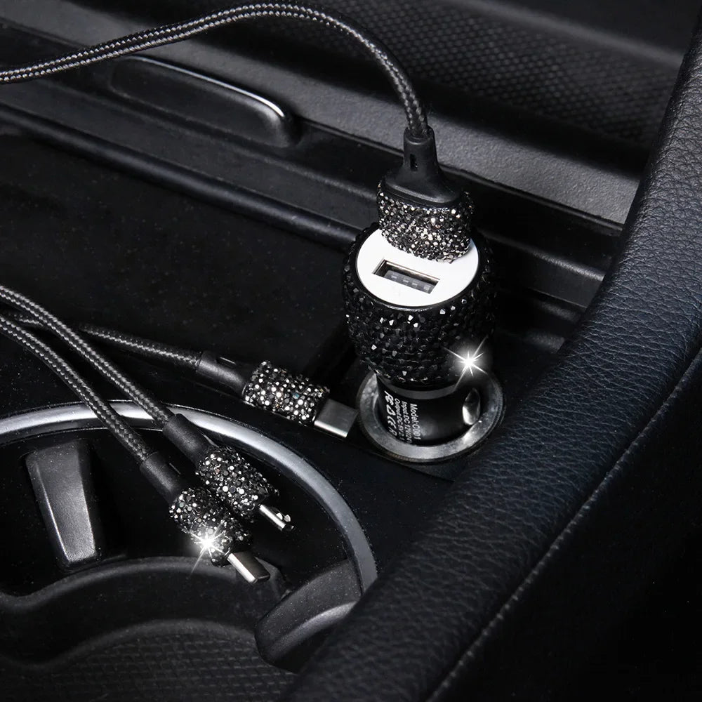 Pink crystal dual USB car charger from Showlu Fashion Store with a 3-in-1 charging cable for multiple device compatibility.