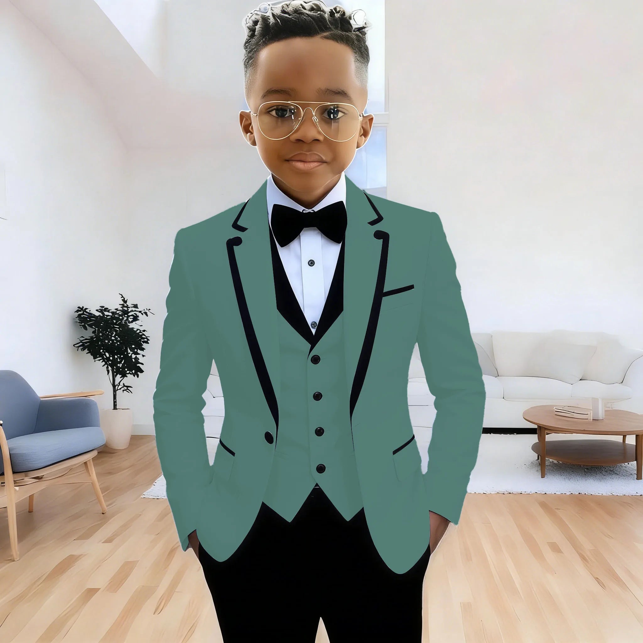Showlu Smart General boys' formal suit set with jacket, pants, and vest featuring notched lapel, perfect for weddings and parties