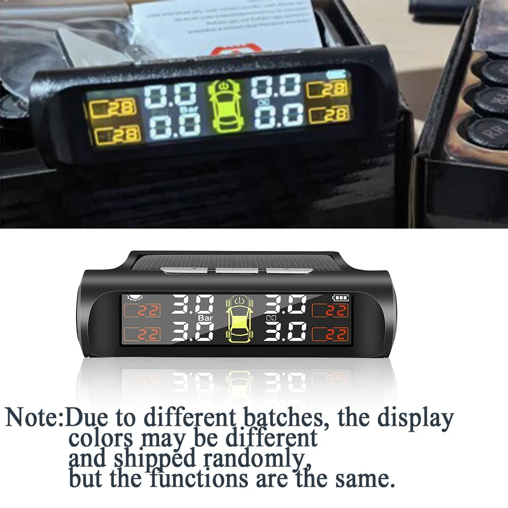 Showlu Smart General car tire pressure monitor displaying digital screen with tire pressure readings and pressure sensor device
