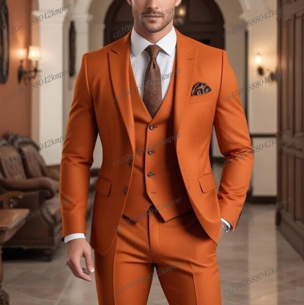 Orange men's formal suit set with blazer, vest, and pants, ideal for weddings, business events, and prom, shown in image.