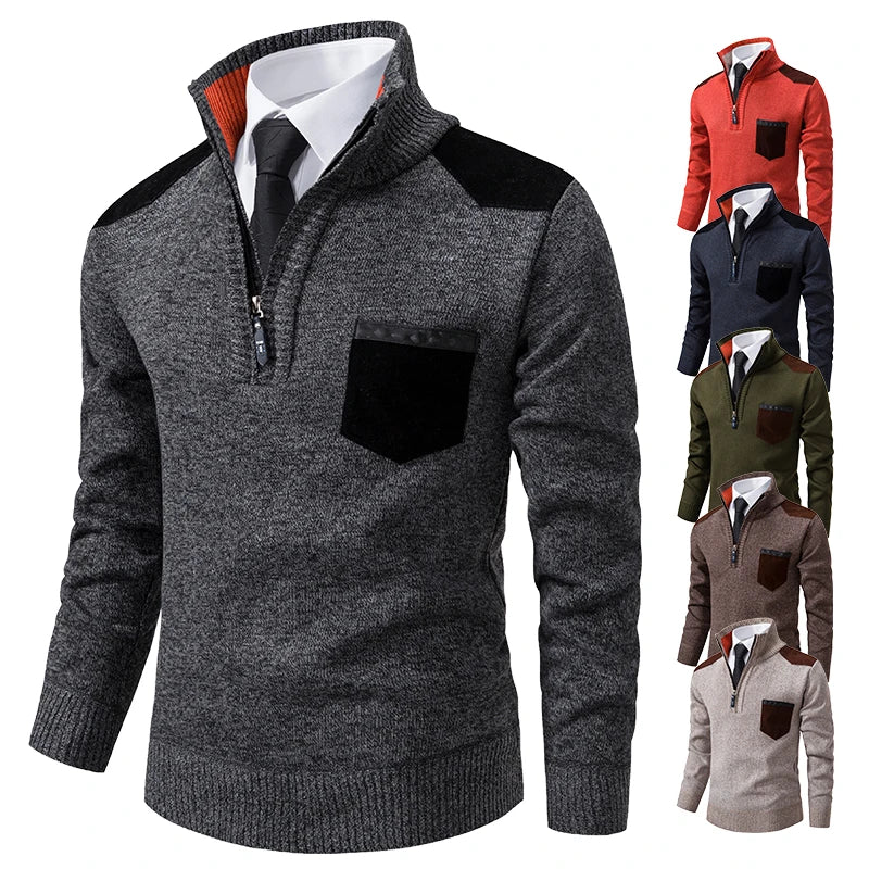 Men's cashmere pullover sweater with stand collar, half zipper, thick knit, in autumn winter fashion, by Showlu Fashion.