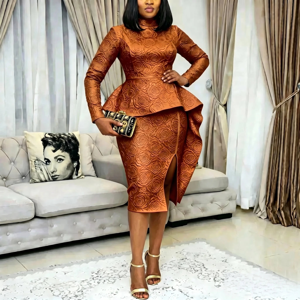 Elegant Women Jacquard Bodycon Dress Half High Neck Long Sleeves High Waist Slit Peplum Ruffles Draped Event Office Party Gowns