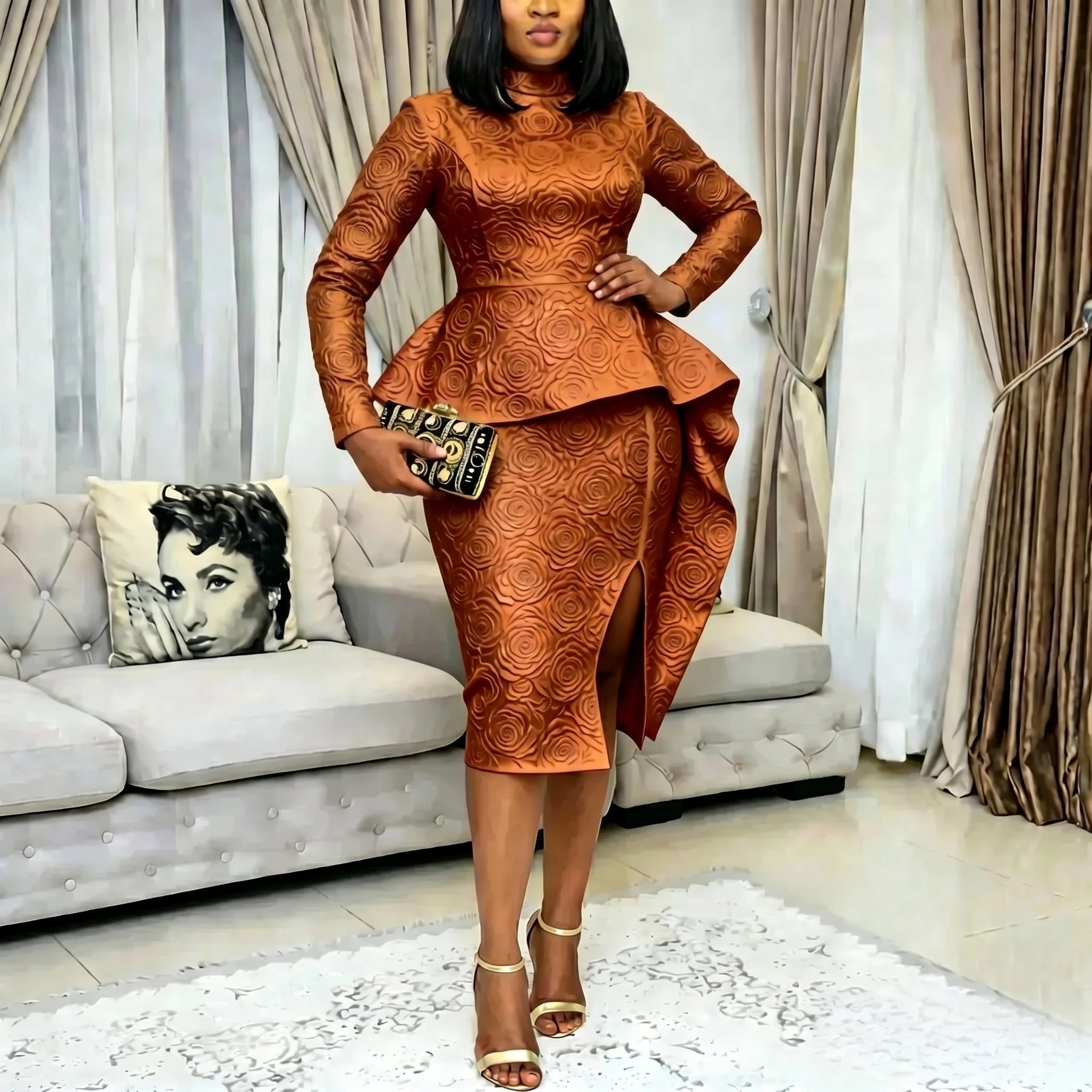 Elegant Women Jacquard Bodycon Dress Half High Neck Long Sleeves High Waist Slit Peplum Ruffles Draped Event Office Party Gowns