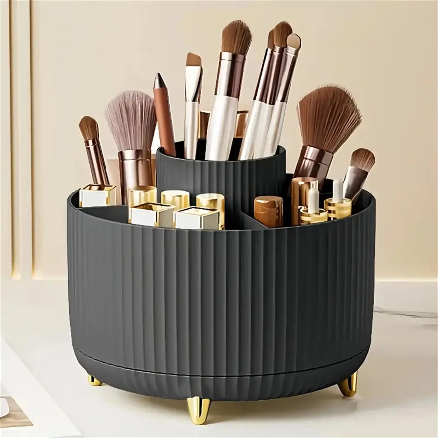 360° rotating makeup organizer for women, with multiple compartments for cosmetics and brushes, by Aberzey Store.