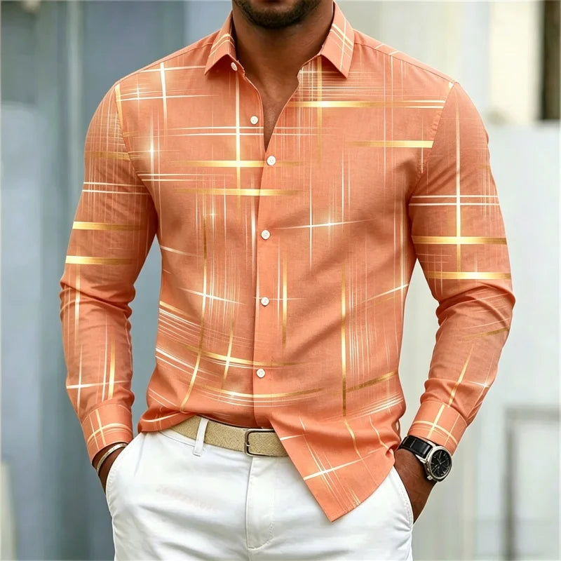 2026 men's shirt with fashionable printed lines, checkered long sleeved shirt, lapel, slim fit, business casual men's shirt
