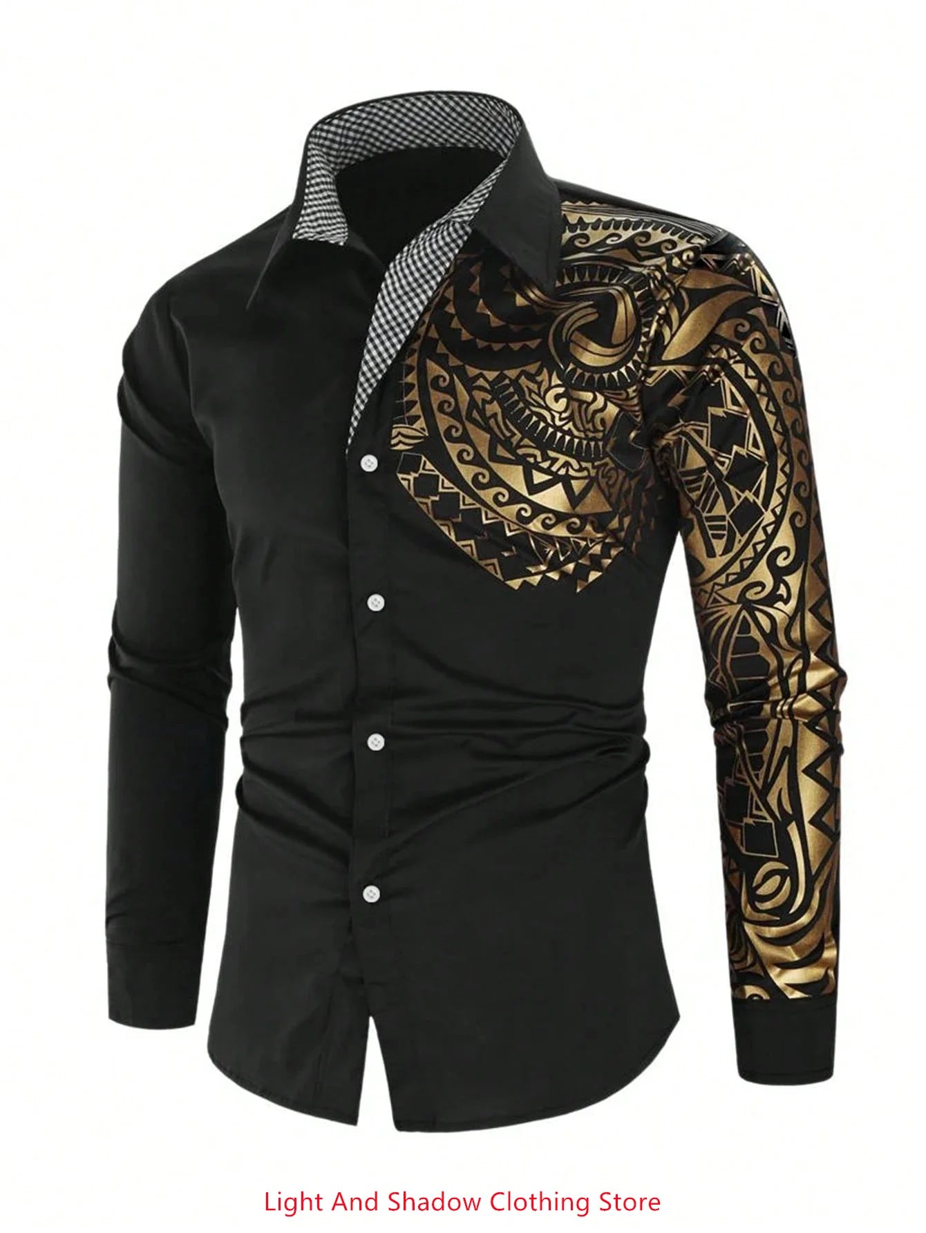 Men's fashionable long-sleeve casual shirt with printed collar, stylish and comfortable for business or social occasions.