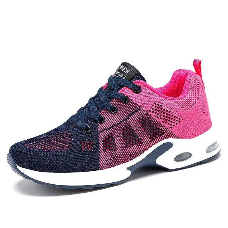 Women casual mesh fabric sneakers with air-cushion soles, elastic laces, breathable lightweight design, soft soles, and anti-slip features.