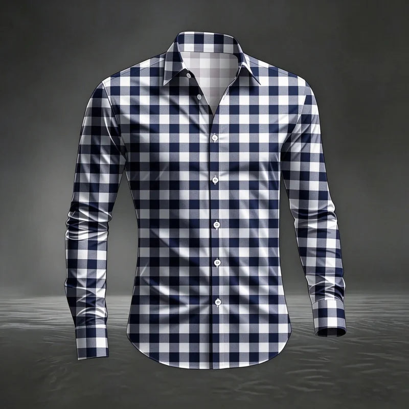 2026 Men's New Classic Plaid Shirt with Plaid Printing, Slim Fit Collar Long Sleeve Shirt, Men's Top, Comfortable Fabric XS-6XL