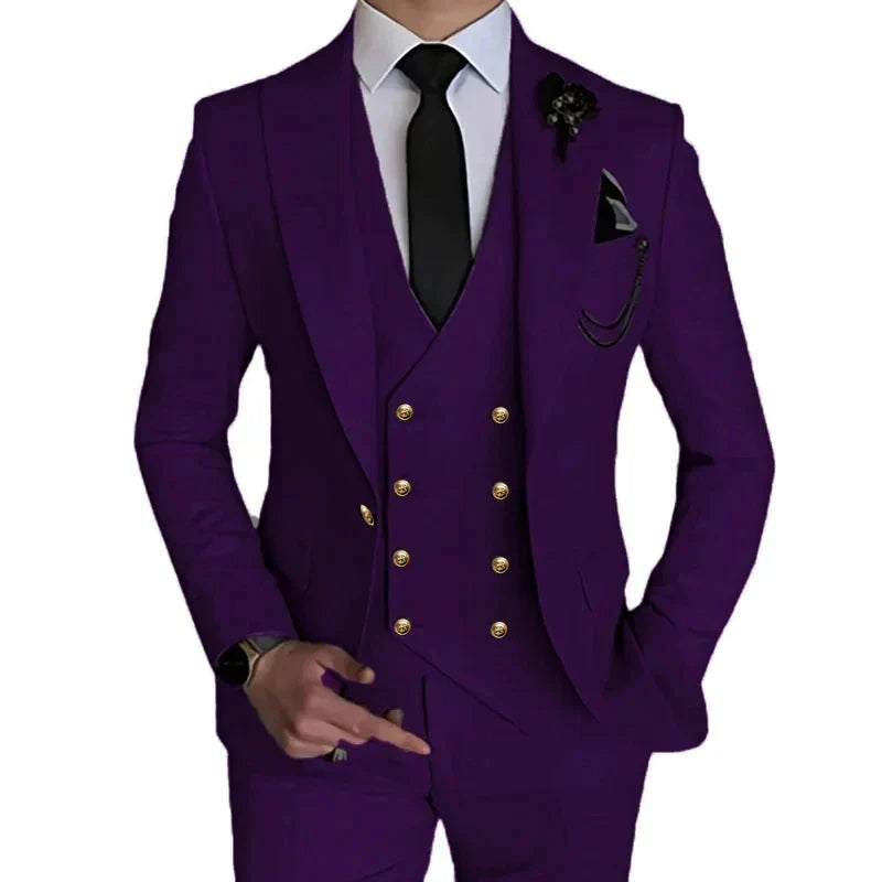 Men's slim fit wedding suit by SHOWLU FASHION STORE, 3-piece single-breasted set with jacket, vest, and trousers, formal attire.