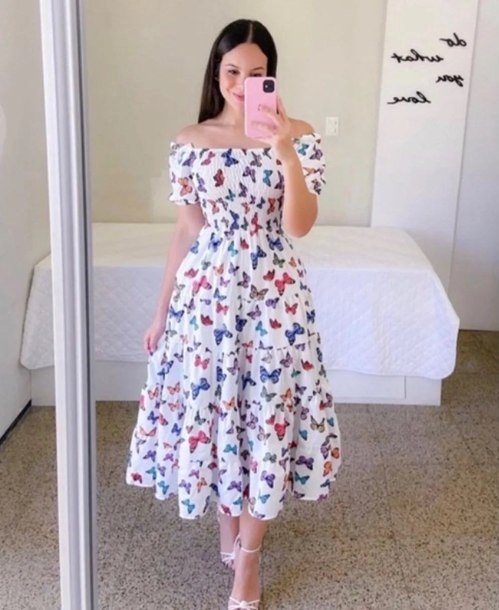 Women's high waisted A-line summer dress with slash neck and floral print by SHOWLU FASHION STORE