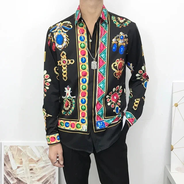 Newest Autumn Shirts For Men 3D Baroque Long Sleeve Luxury Social Shirt V-neck Oversized Tops Tees Shirt Homme Autumn Clothin