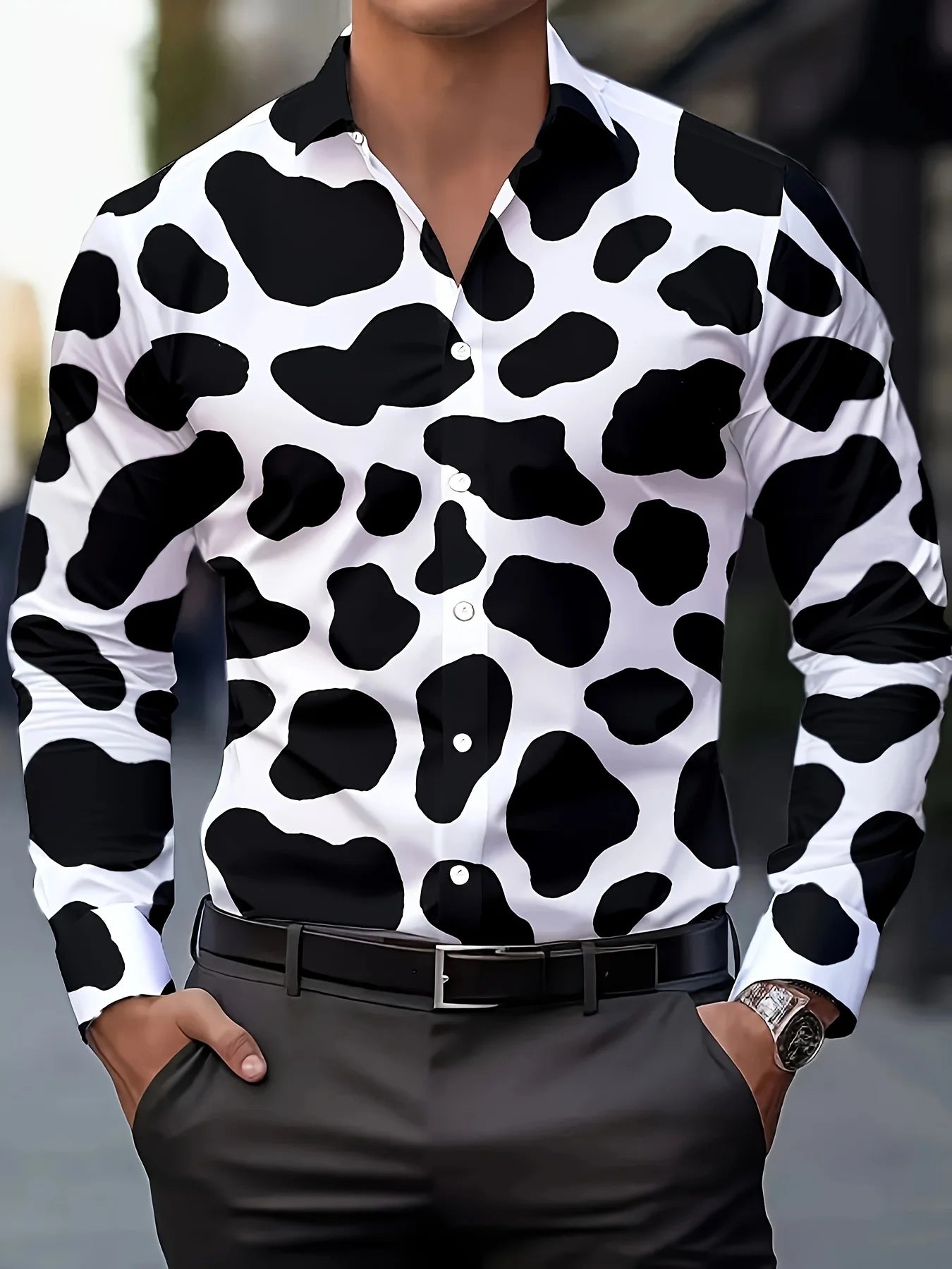 Men's stylish casual long sleeve shirt with gradient design, breathable fabric, turn-down collar, suitable for business or casual wear.