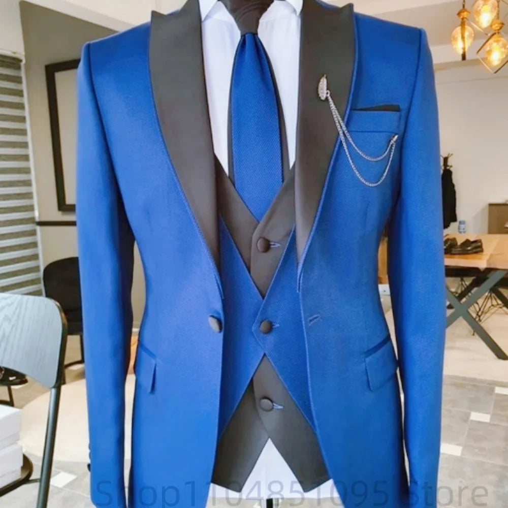 Men's solid slim fit 3-piece business suit set with blazer, vest, and pants, ideal for weddings and formal events, by Showlu Fashion.