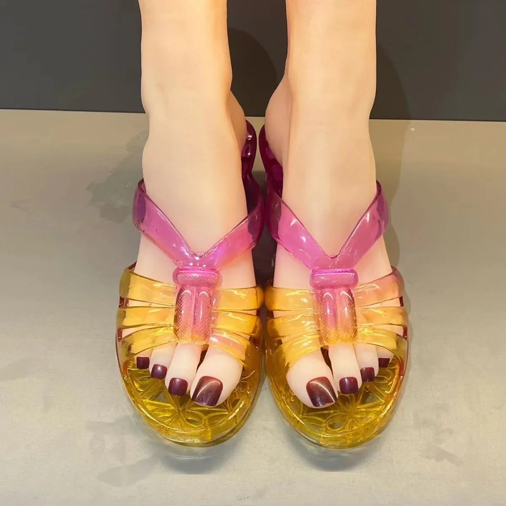 ETHSOUL Women's Retro Jelly Shoes with transparent square heel and summer sandal style, showcasing a stylish and colorful design.