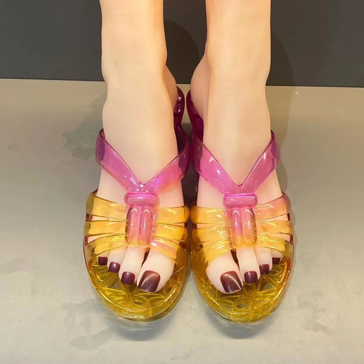 ETHSOUL Women's Retro Jelly Shoes with transparent square heel and summer sandal style, showcasing a stylish and colorful design.