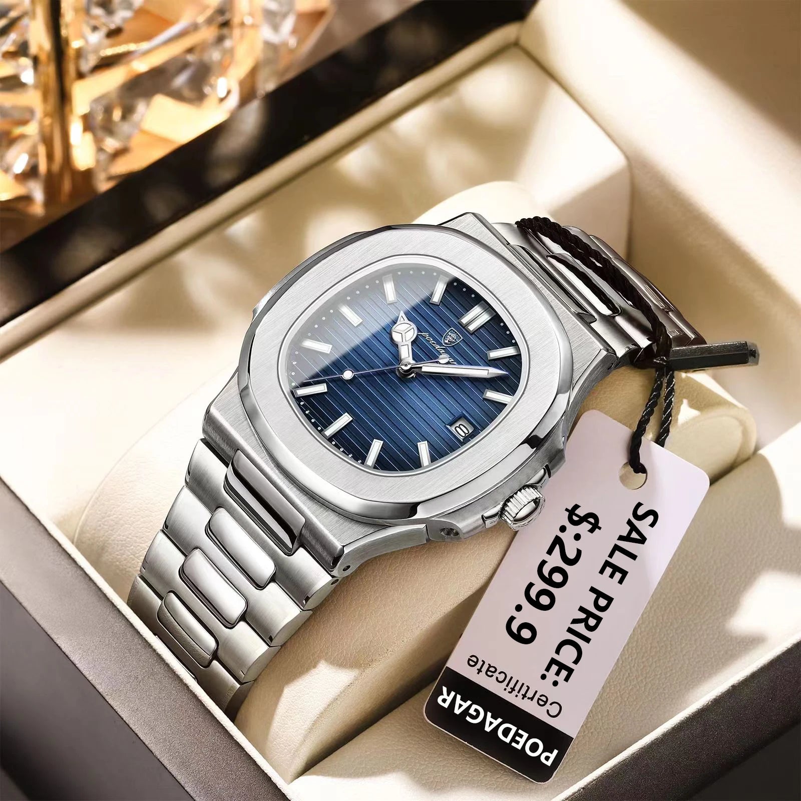 Square luxury men's wristwatch by Showlu Fashion with stainless steel case, luminous dial, waterproof design, and quartz movement.
