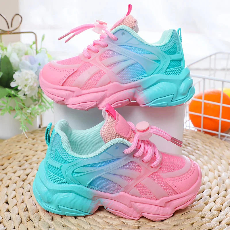 SHOWLU Girls gradient mesh sneakers with lighted platform soles, breathable design, and stylish, colorful athletic shoes for kids.